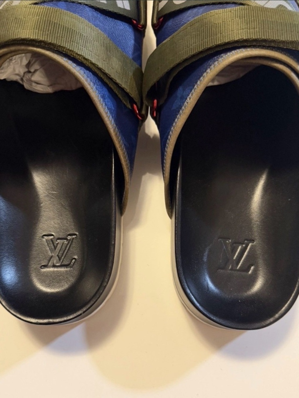 Louis Vuitton Navy & Olive Green Logo Strap Slides - Picture 3 of 5